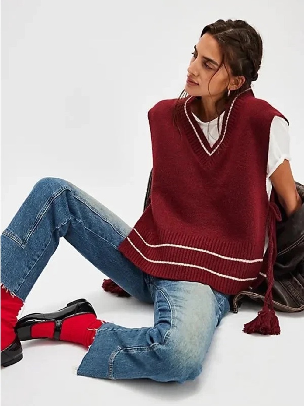 Free People V-Neck Knit poncho Vest with Contrast Trim